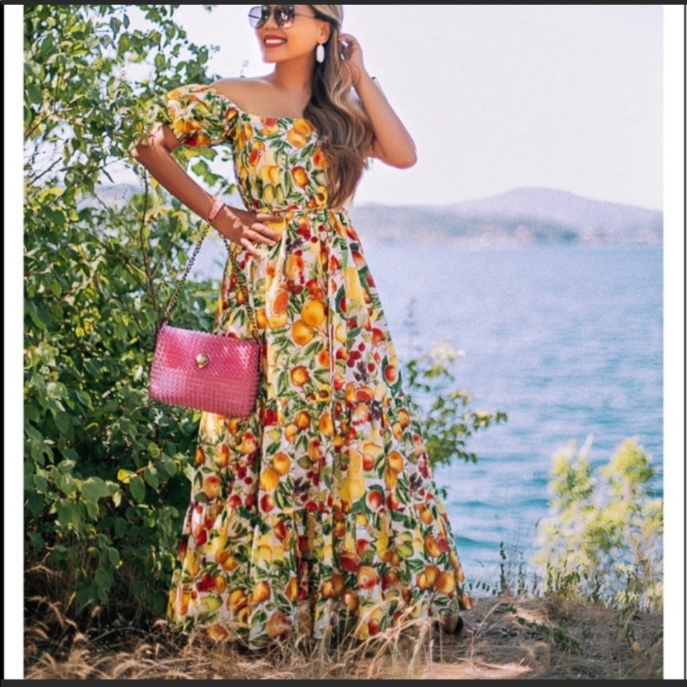 ANTONIO MELANI Yellow Fruit-Print Off-Shoulder Maxi Dress